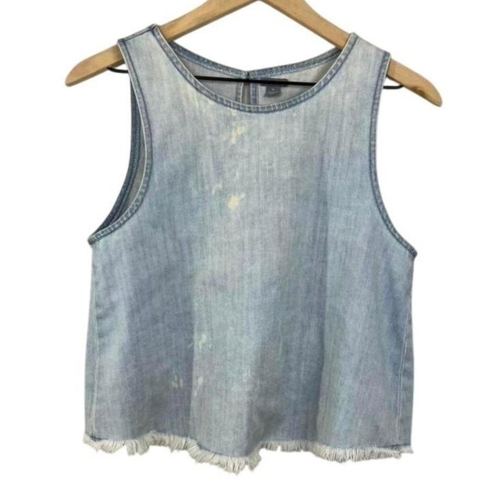 Aerie Light Wash Distressed Denim Tank Top Frayed Hem Keyhole Back Blue Medium